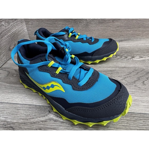 Saucony Kids Boys Peregrine KDZ Shoes Athletic Sneakers Blue/Citron Size 1M - Picture 2 of 14